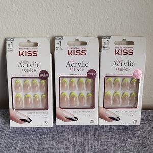 3 Kiss Salon Acrylic Glue On Nails Neon Yellow French Almond New 91372